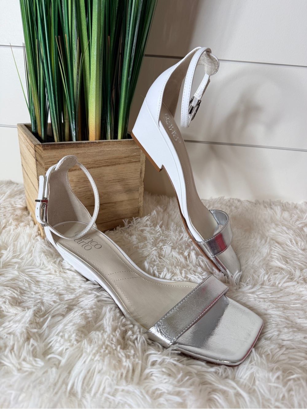 Franco Sarto Sadie Faux Leather Strappy Square Toe Wedge Sandal White Silver 7.5